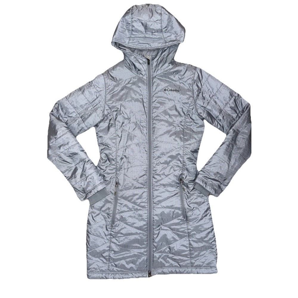 Columbia Womens Grey Blue Omniheat Mighty Lite Hood Long Quilted Jacket Size S